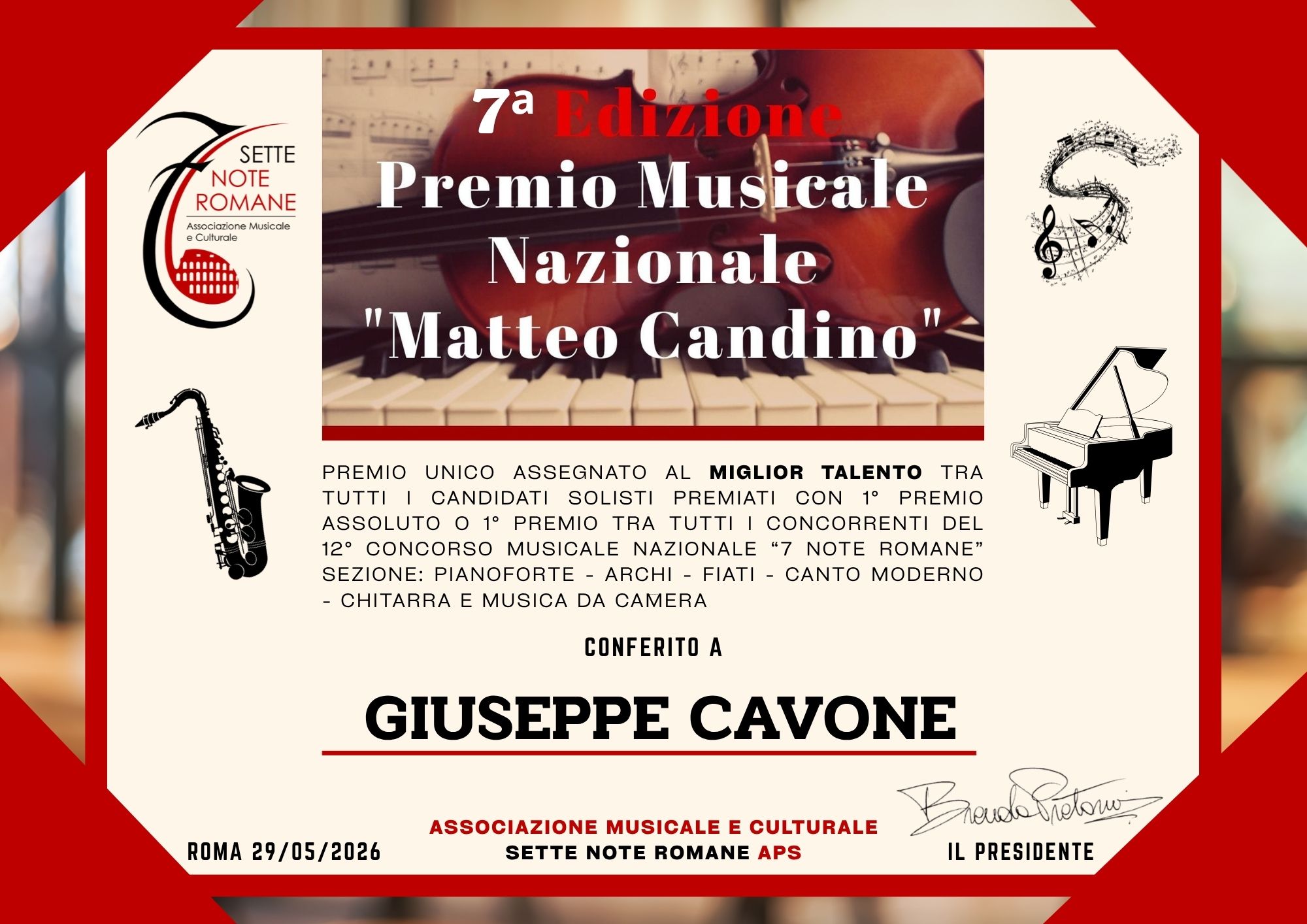 Attestato vincitore Premio Musicale Matteo Candino