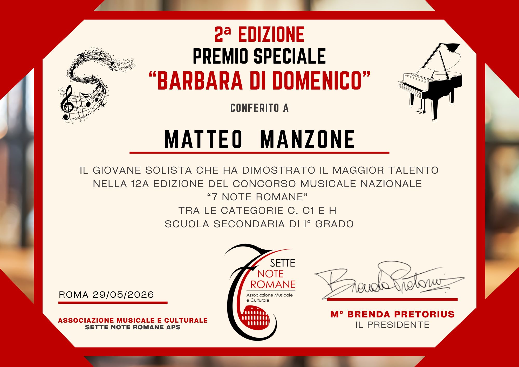 Attestato vincitore Premio Speciale Barbara Di Domenico