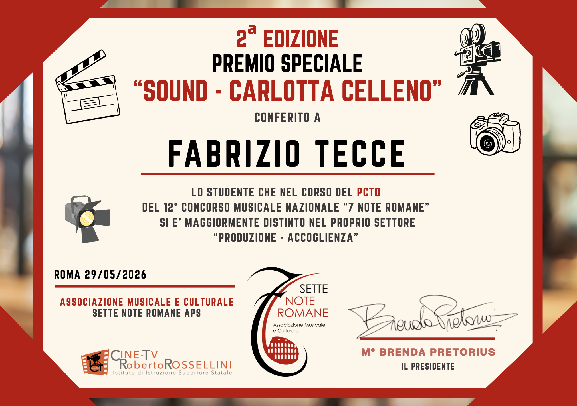 Attestato vincitore Premio Sound – Carlotta Celleno 2